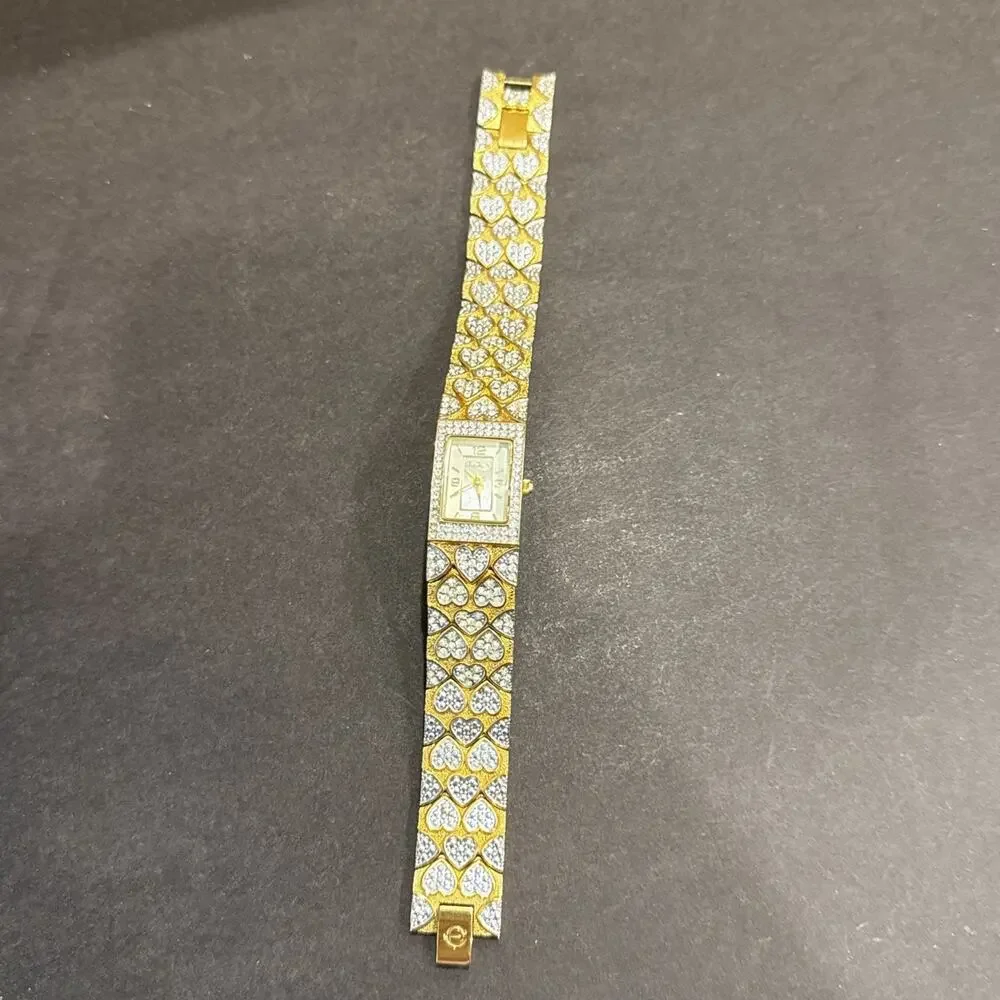VTG Elgin Rhinestone Heart Bracelet Watch Gold Tone Cocktail w Box